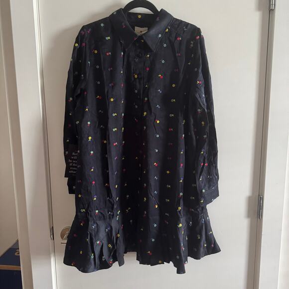 New Tuckernuck Embroidered Flower Mini Shirt Dress Navy Blue Button Front Sz L - Picture 2 of 8